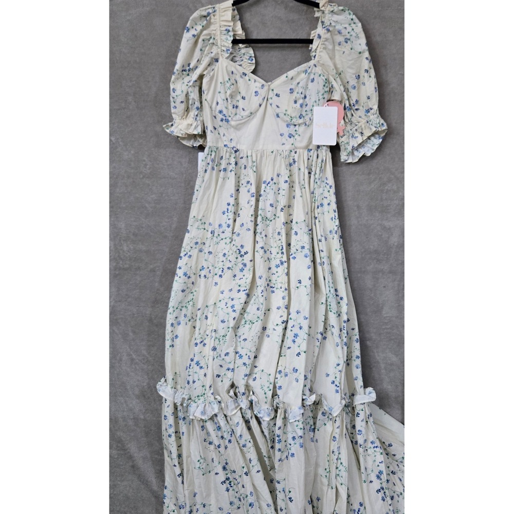 Selkie The Blue Vine Ritz Gown Women Large Blue Floral Puff Sleeve Maxi Dress - Picture 2 of 11